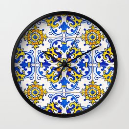 Blue Yellow Seamless Pattern Antique Portuguese Azulejo Tile Wall Clock