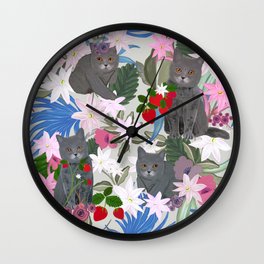 Hand drawn cat with strawberry and tropical flowers pattern green Wall Clock