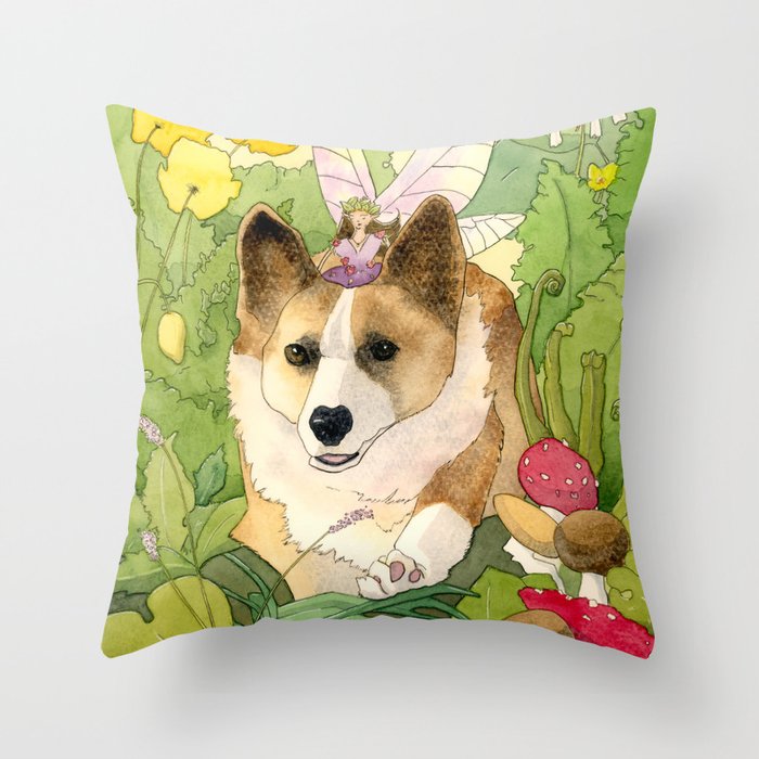 The Faerie and the Welsh Corgi Throw Pillow by The Faery Wytchwood