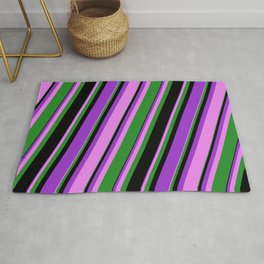 [ Thumbnail: Dark Orchid, Violet, Forest Green, and Black Colored Lines Pattern Rug ]