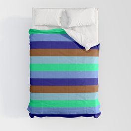 [ Thumbnail: Eyecatching Sky Blue, Green, Cornflower Blue, Dark Blue & Brown Colored Stripes/Lines Pattern Comforter ]