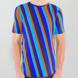 [ Thumbnail: Midnight Blue, Chocolate, Deep Sky Blue & Blue Colored Striped/Lined Pattern All Over Graphic Tee ]