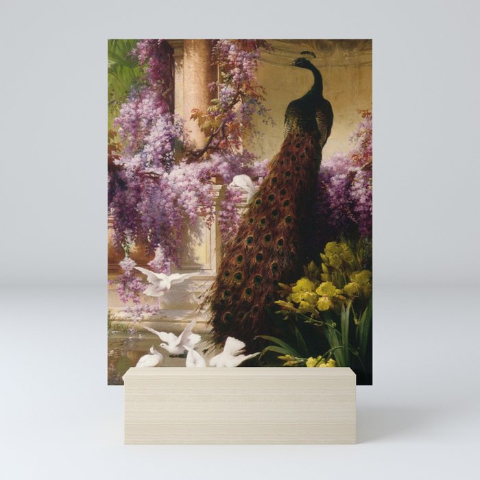 Peacock, White Doves, Yellow Iris & Purple Flowering Wisteria in a Garden landscape floral painting Mini Art Print