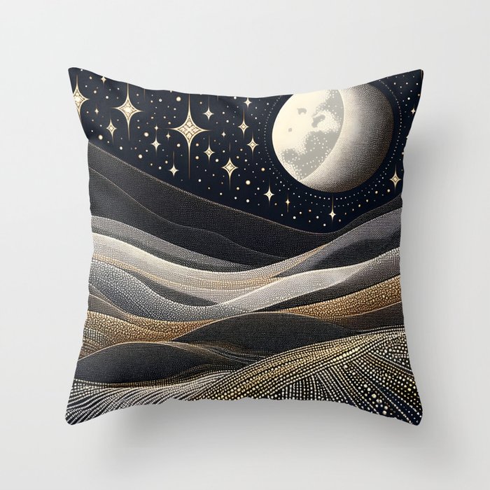 Starry Night Moon Silver Gold Throw Pillow