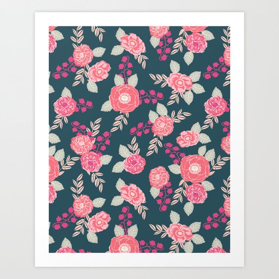 Ranunculus gardener garden floral flowers boho navy pink pastel cute pattern dorm college trendy Art Print