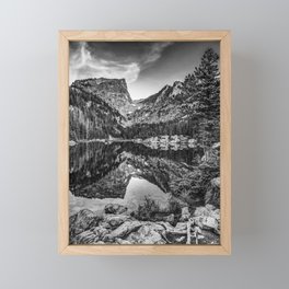 Dream Lake Monochrome Mountain Peak Reflections - Rocky Mountain National Park Framed Mini Art Print