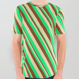 [ Thumbnail: Green, Brown & Beige Colored Lined/Striped Pattern All Over Graphic Tee ]