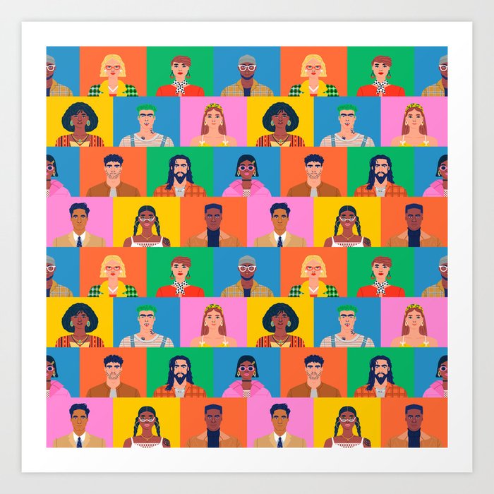 Crowd of diverse people cartoon character group seamless pattern Art Print