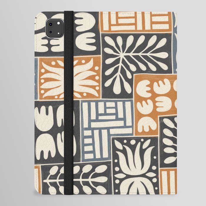 Stylized Floral Patchwork in Rumba Orange, Spade Black and Slate Gray Color iPad Folio Case