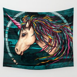 Rainbow unicorn painting, legendary creature on teal background Wall Tapestry