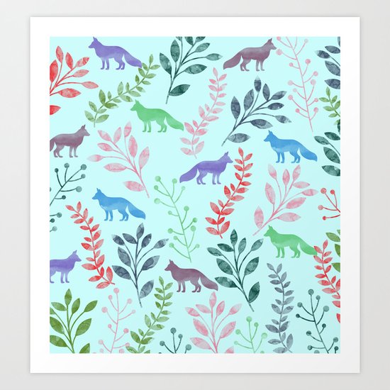 Watercolor Floral & Fox Art Print