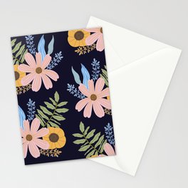 Soft Pink and Buttermilk Yellow Floral Pattern Navy Blue Background Stationery Card