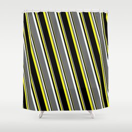 [ Thumbnail: Mint Cream, Dim Gray, Yellow, and Black Colored Stripes Pattern Shower Curtain ]