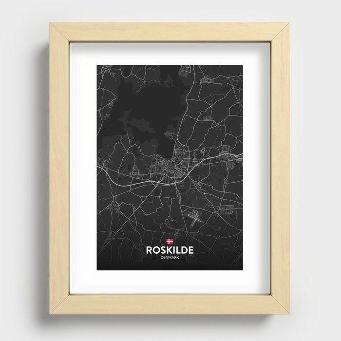 Roskilde, Denmark - Dark City Map Recessed Framed Print