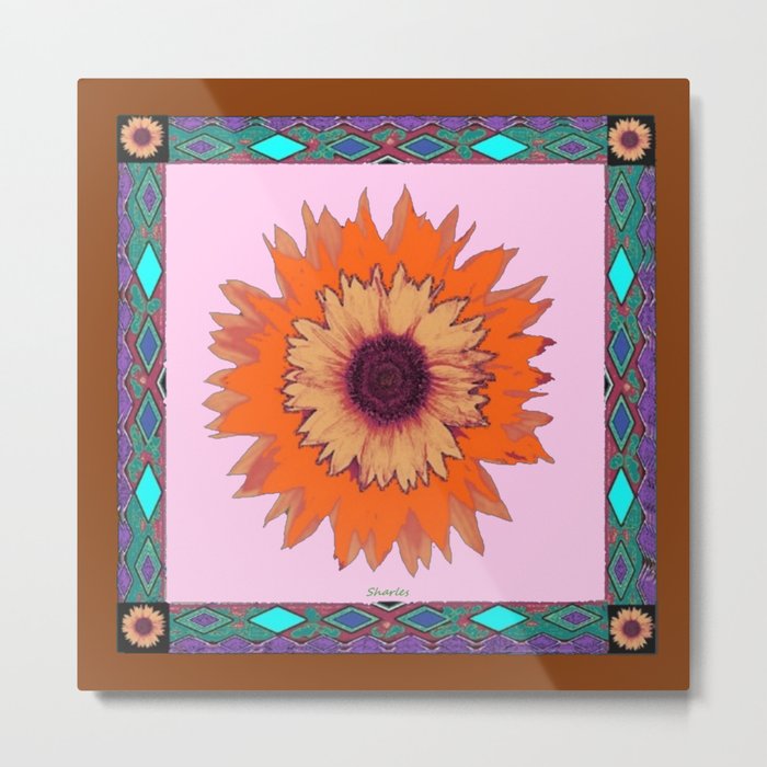 Western Style Chocolate Brown Pink-Orange Sunflower Art Metal Print