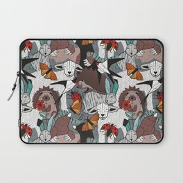Geo spring animal party // green grey linen texture background brown aqua mint orange and neon red details Laptop Sleeve