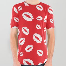 Lipstick kisses on red background. Digital Illustration background All Over Graphic Tee