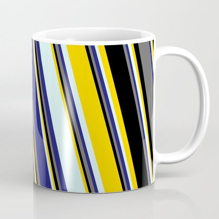Yellow, Light Cyan, Midnight Blue, Dim Grey & Black Colored Striped Pattern Coffee Mug