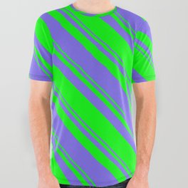 [ Thumbnail: Lime and Medium Slate Blue Colored Lined Pattern All Over Graphic Tee ]