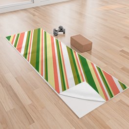 [ Thumbnail: Eyecatching Green, White, Red, Tan & Dark Green Colored Striped/Lined Pattern Yoga Towel ]