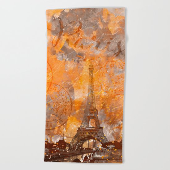 Paris Eifel Tower orange mixed media art Beach Towel