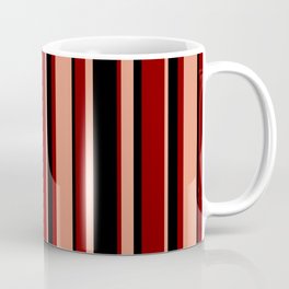 [ Thumbnail: Dark Salmon, Black & Maroon Colored Pattern of Stripes Coffee Mug ]