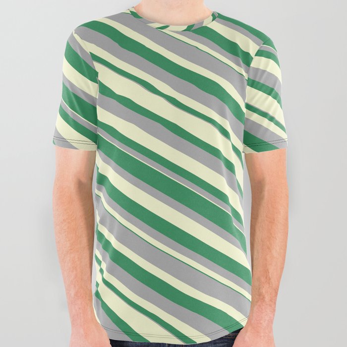 Sea Green, Dark Grey & Light Yellow Colored Lines/Stripes Pattern All Over Graphic Tee
