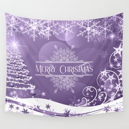 Merry Christmas, Christmas Tree, Snowflakes, Flowers and Stars on Purple Wall Tapestry