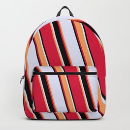 [ Thumbnail: Lavender, Brown, Crimson, and Black Colored Striped Pattern Backpack ]