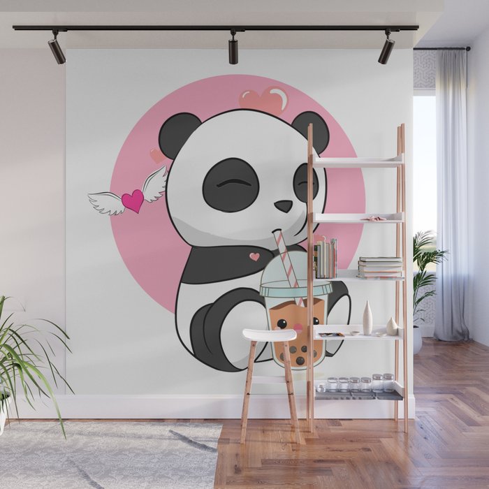 Cute Panda Chibi Drinking Boba Bubble Tea Wall Mural