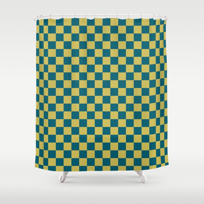 Dark Yellow and Tropical Dark Teal Inspired by Sherwin Williams 2020 Trending Color Oceanside SW6496 Small Checker Board Pattern Shower Curtain