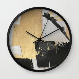 Gold leaf black abstract Wall Clock | Collage, Painting, White, Modern, Abstract, Contemporary, Paper, Fabric, Geometric, Silver 