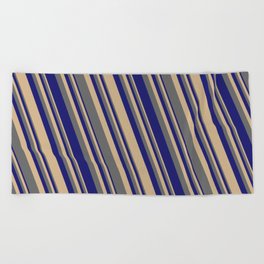 [ Thumbnail: Tan, Dim Gray, and Midnight Blue Colored Lined Pattern Beach Towel ]