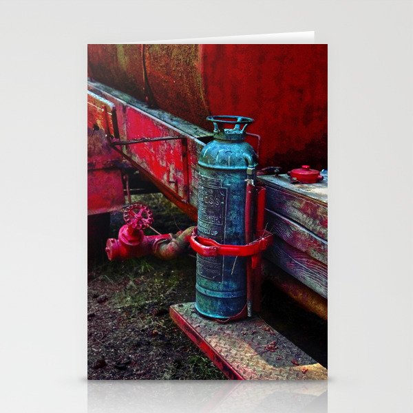 Antique brass fire extinguisher with patina on vintage fire department fire engine color photograph / photography Stationery Cards