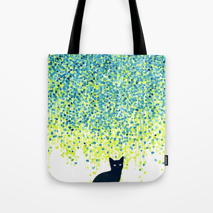 Cat in the garden under willow tree Tote Bag