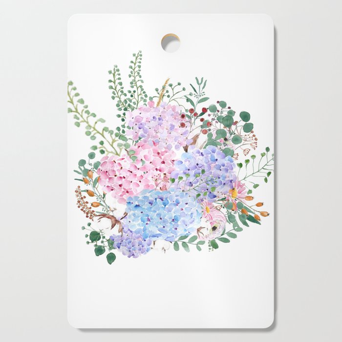 pink blue purple hydrangea flowers watercolor arrangement  Cutting Board