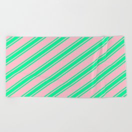 [ Thumbnail: Pink and Green Colored Stripes/Lines Pattern Beach Towel ]