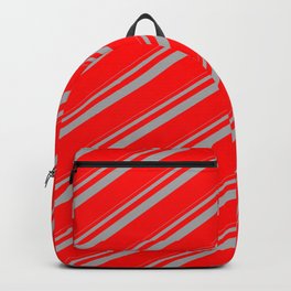 [ Thumbnail: Dark Grey and Red Colored Lined Pattern Backpack ]