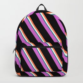 [ Thumbnail: Orchid, Black, Coral, Mint Cream, and Teal Colored Lines/Stripes Pattern Backpack ]