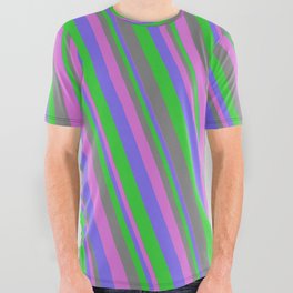 [ Thumbnail: Medium Slate Blue, Lime Green, Gray, and Orchid Colored Lined Pattern All Over Graphic Tee ]
