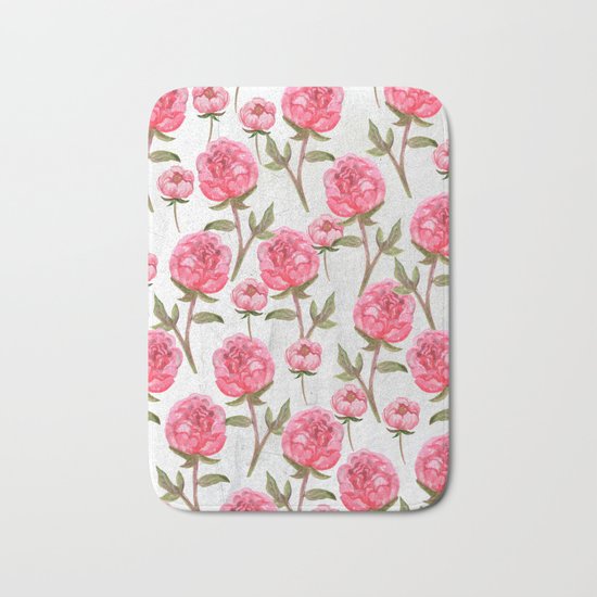Pink Peonies On White Chalkboard Bath Mat
