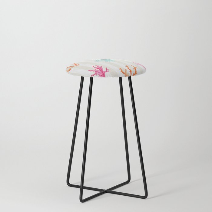 Colorful Coral Reef on Cream Off-White Stripes Counter Stool