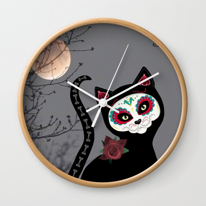 Sugar Skull Black Cat Wall Clock