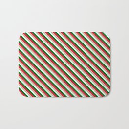 [ Thumbnail: Crimson, Tan, Light Cyan & Dark Green Colored Pattern of Stripes Bath Mat ]