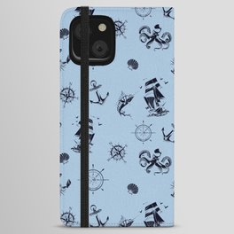 Pale Blue And Blue Silhouettes Of Vintage Nautical Pattern iPhone Wallet Case