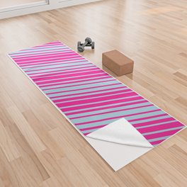 [ Thumbnail: Deep Pink and Light Blue Colored Lined/Striped Pattern Yoga Towel ]