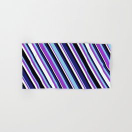 [ Thumbnail: Vibrant Midnight Blue, Sky Blue, Dark Orchid, Mint Cream, and Black Colored Lined/Striped Pattern Hand & Bath Towel ]