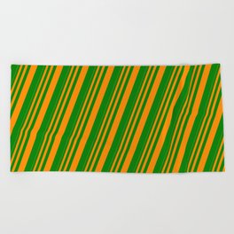 [ Thumbnail: Dark Orange & Green Colored Stripes Pattern Beach Towel ]