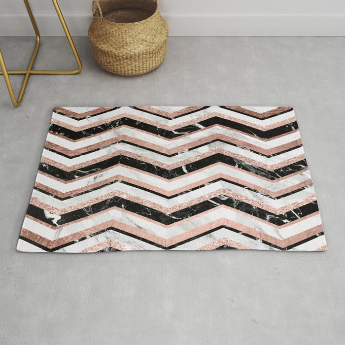 Modern Trendy Faux Rose Gold Black White Marble Chevron Rug By