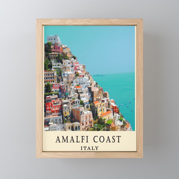 Aerial View Blue Amalfi Coast Positano Italy Mediterranean Sea Ocean Travel Summer Holiday Italian Framed Mini Art Print